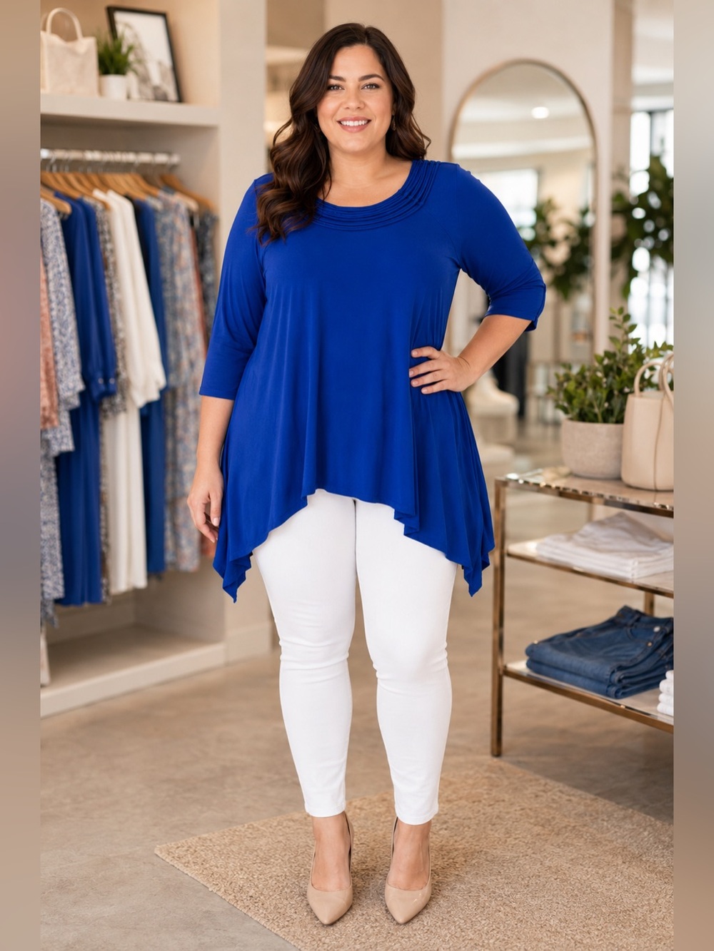 Max Edition Royal Blue‎ Asymmetrical Tunic Top Medium Boho 3/4 Sleeve Stretch